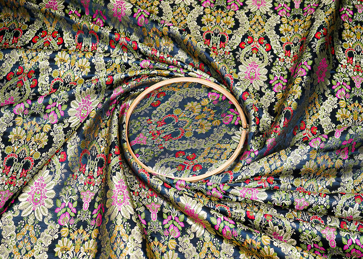 Black Pure Banarasi Brocade Fabric with Allover Golden Zari Handloom 20437