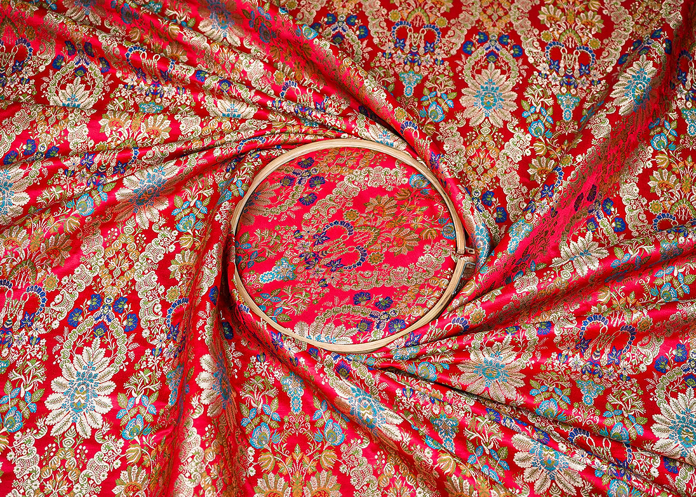 Red Pure Banarasi Brocade Fabric with Allover Golden Zari Handloom 20438