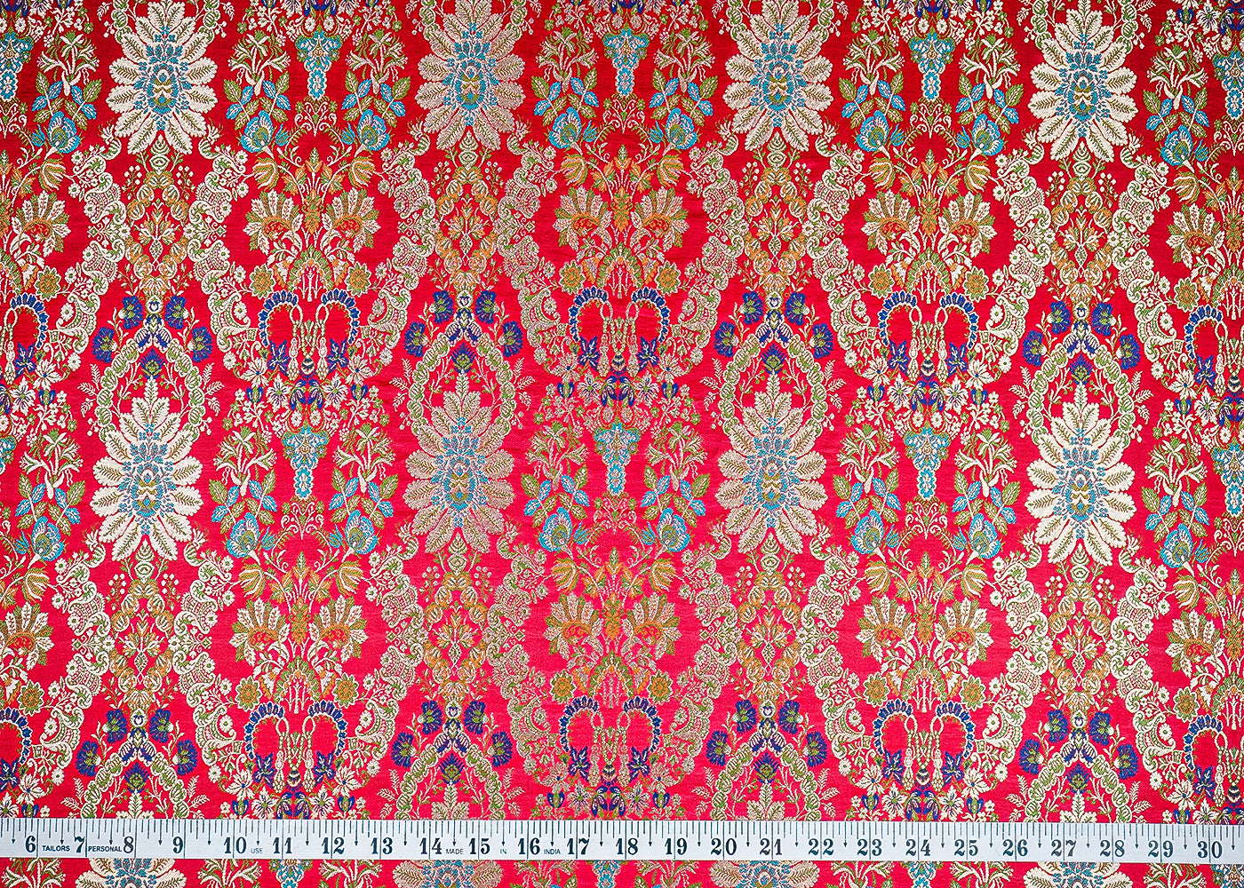 Red Pure Banarasi Brocade Fabric with Allover Golden Zari Handloom 20438