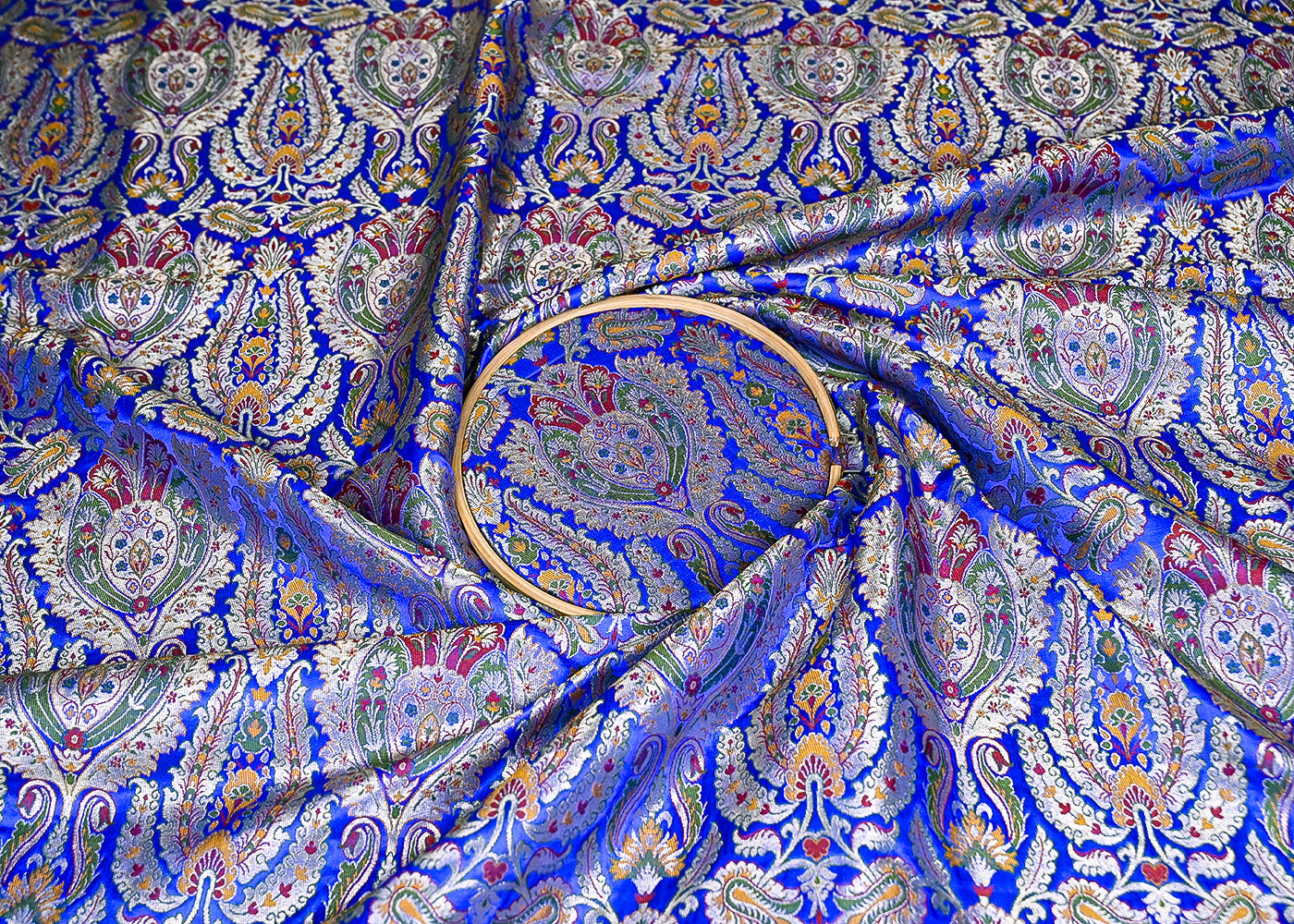 Royal Blue Pure Banarasi Brocade Fabric With All Over Thread And Zari Handloom 20440
