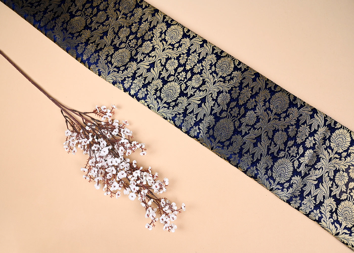 Navy Blue Banarasi Brocade Fabric With All Over Golden Zari Handloom 20444
