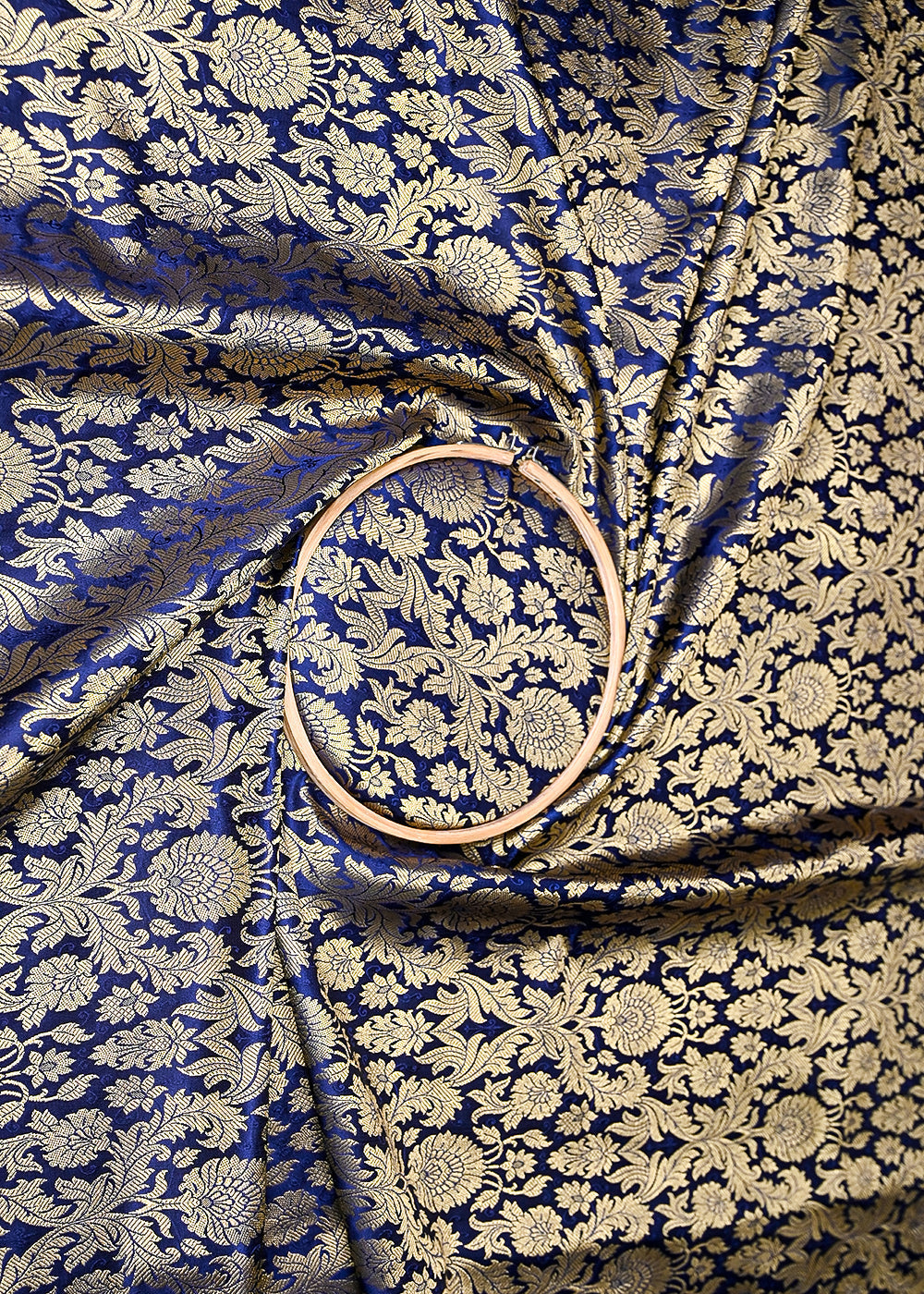 Navy Blue Banarasi Brocade Fabric With All Over Golden Zari Handloom 20444