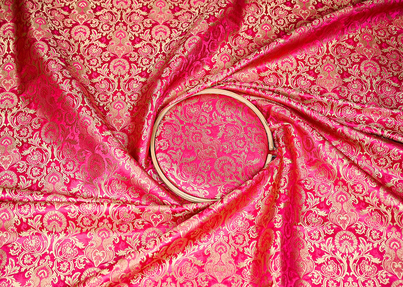 Rani Pink Banarasi Brocade Fabric With All Over Golden Zari Handloom 20448