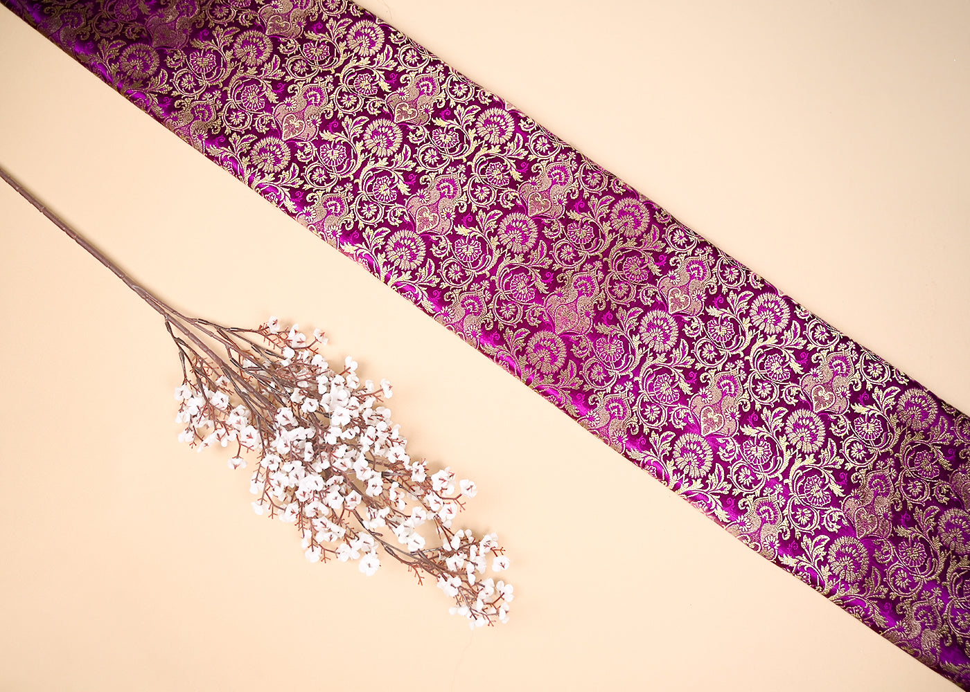 Purple Banarasi Brocade Fabric With All Over Golden Zari Handloom 20449