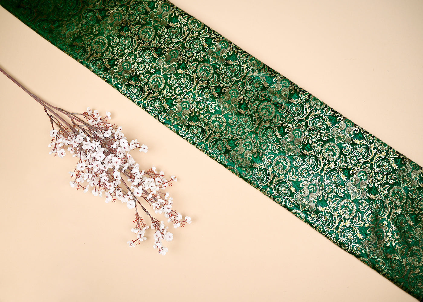 Green Banarasi Brocade Fabric With All Over Golden Zari Handloom 20451