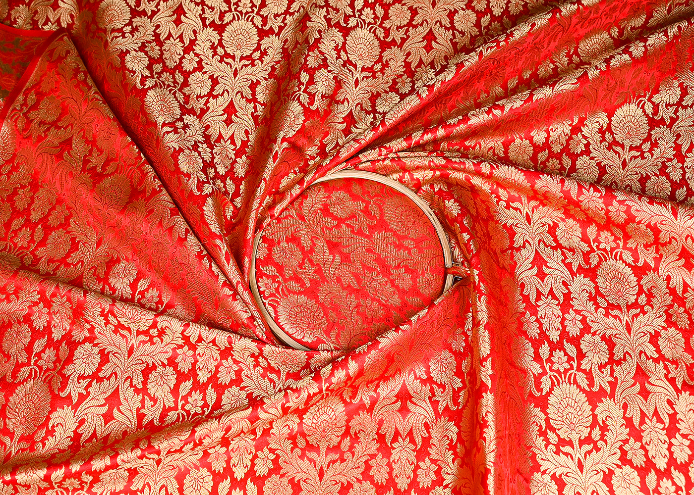 Red Banarasi Brocade Fabric With All Over Golden Zari Handloom 20452