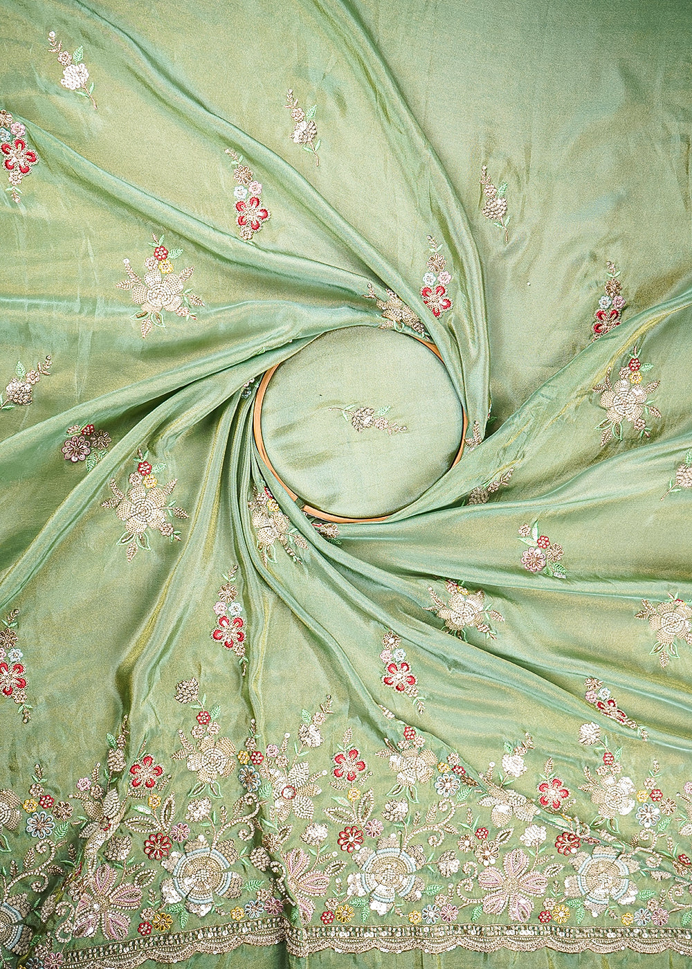 Pista Green Tissue Fabric With All Over Buti Of Bead, Sequins And Thread With One Side Heavy Border 20453