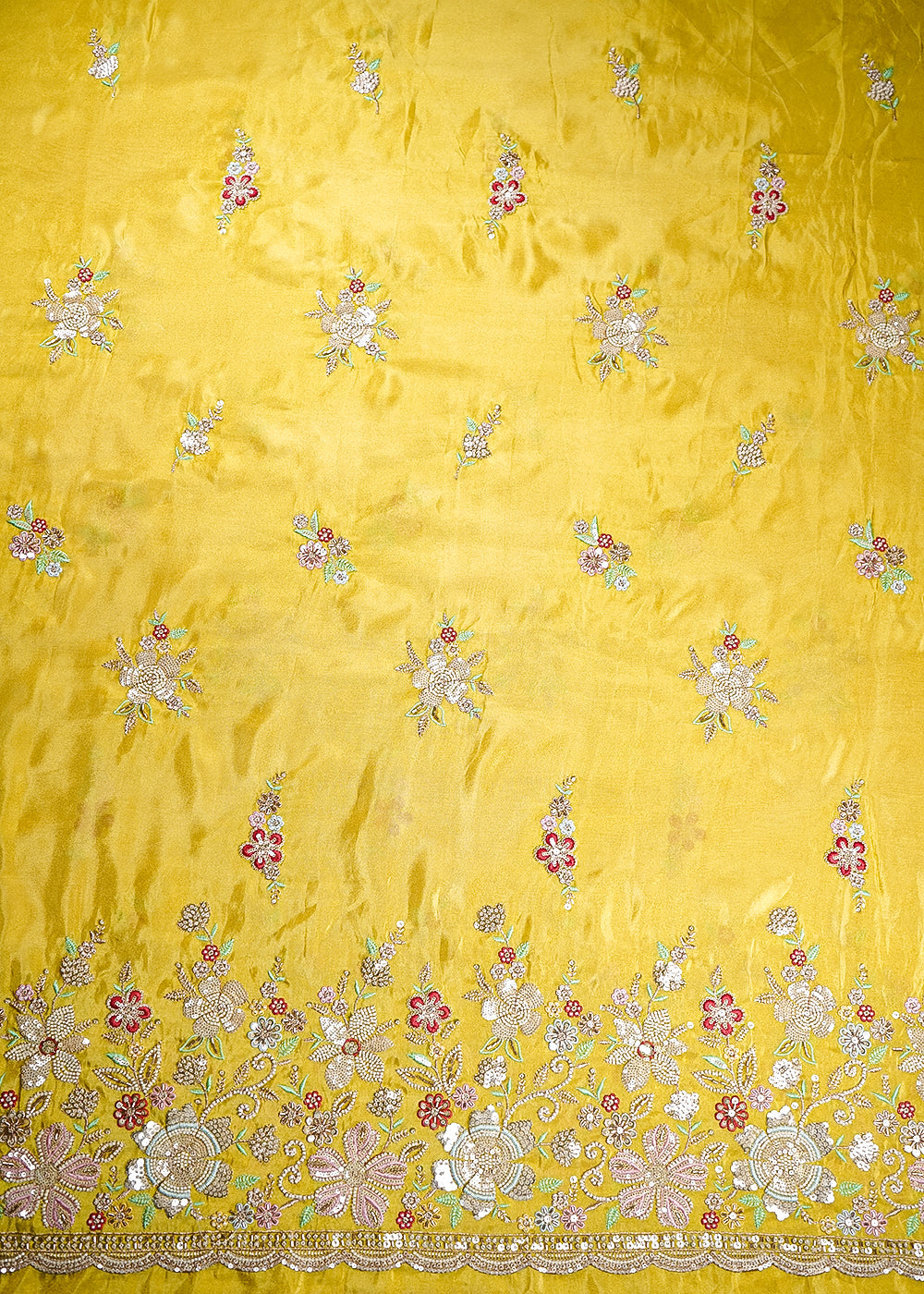 Yellow Tissue Fabric With All Over Buti Of Bead, Sequins And Thread With One Side Heavy Border 20454