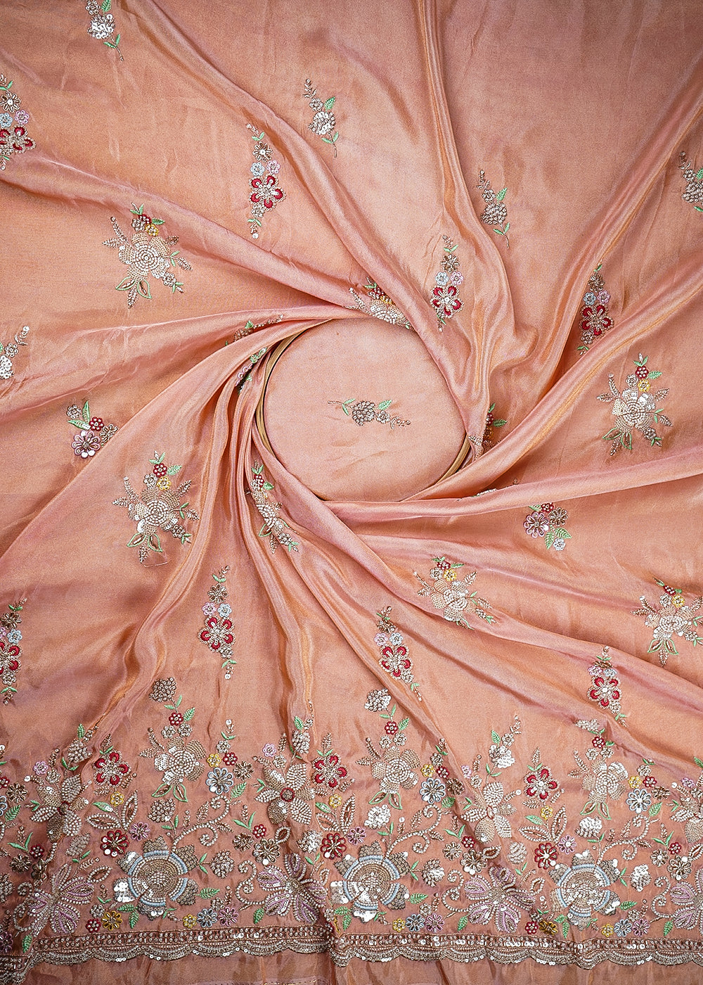 Peach Tissue Fabric With All Over Buti Of Bead, Sequins And Thread With One Side Heavy Border 20455