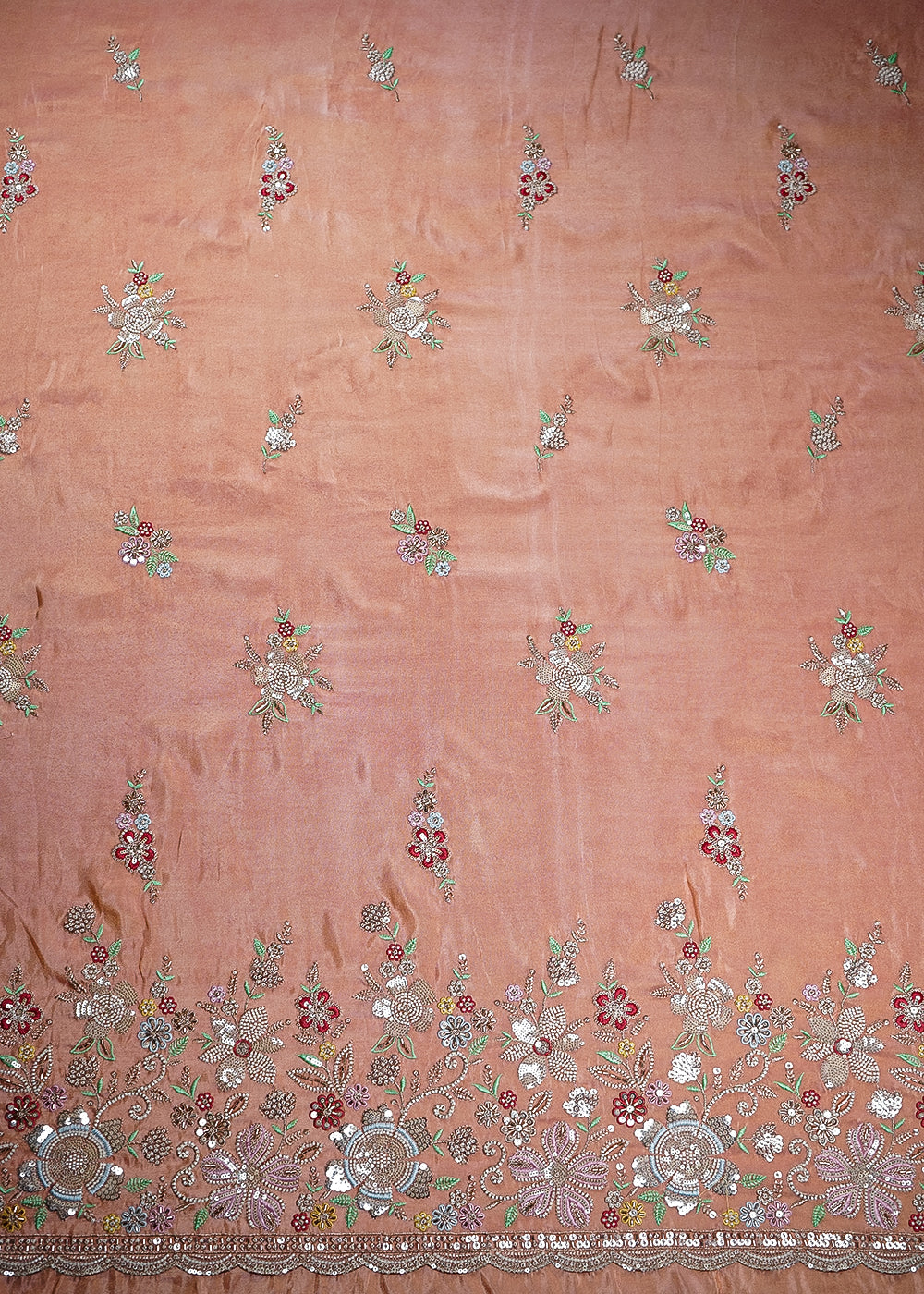 Peach Tissue Fabric With All Over Buti Of Bead, Sequins And Thread With One Side Heavy Border 20455