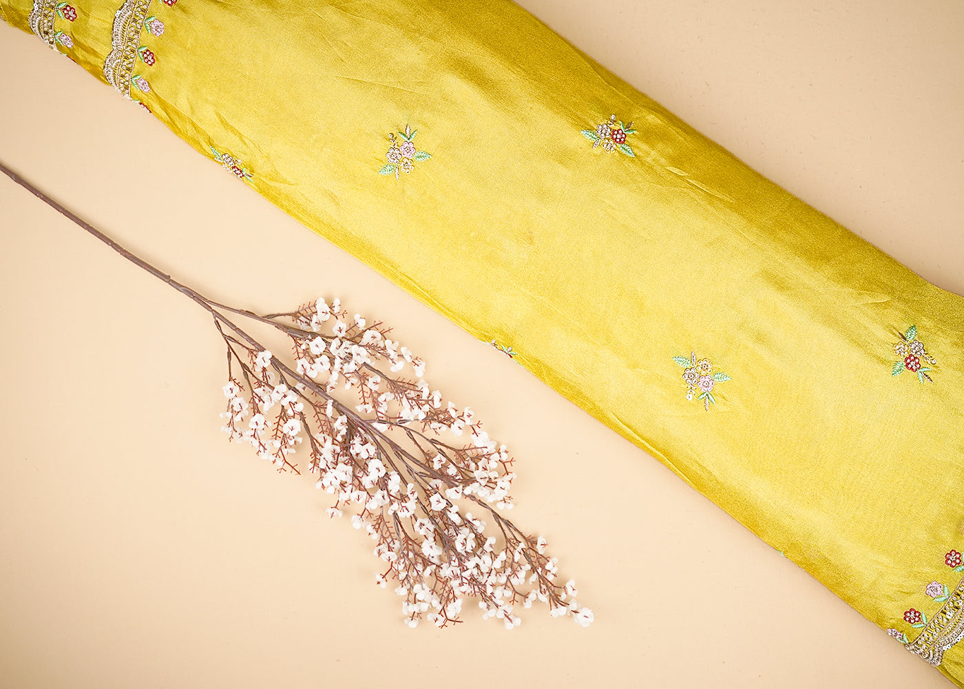 Yellow Tissue Dupatta Fabric With All Over Buti Of Bead, Sequins And Thread With Two Side Border 20456