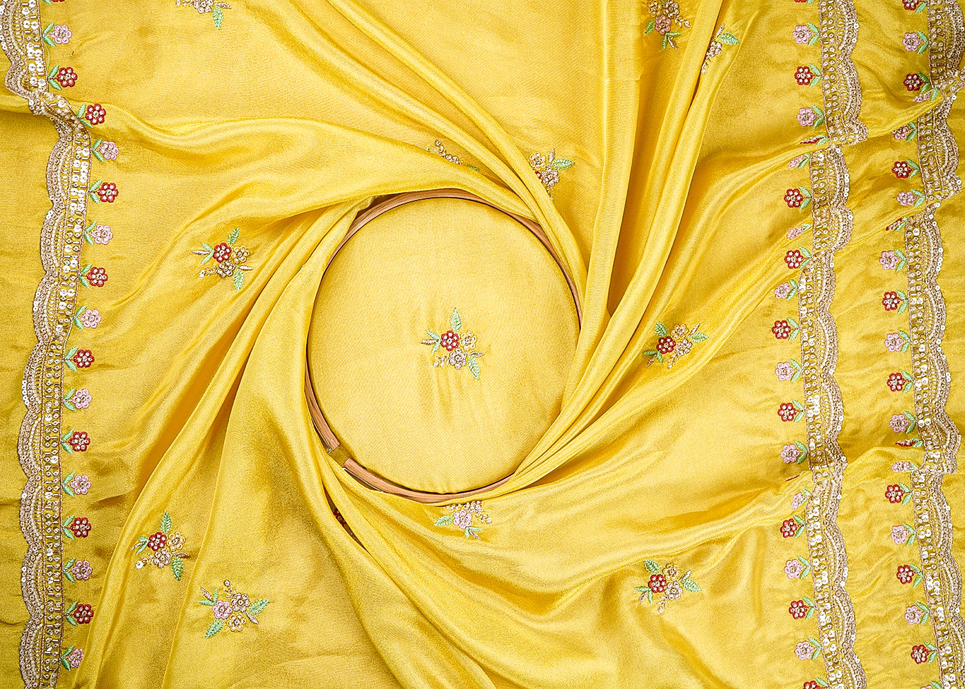 Yellow Tissue Dupatta Fabric With All Over Buti Of Bead, Sequins And Thread With Two Side Border 20456