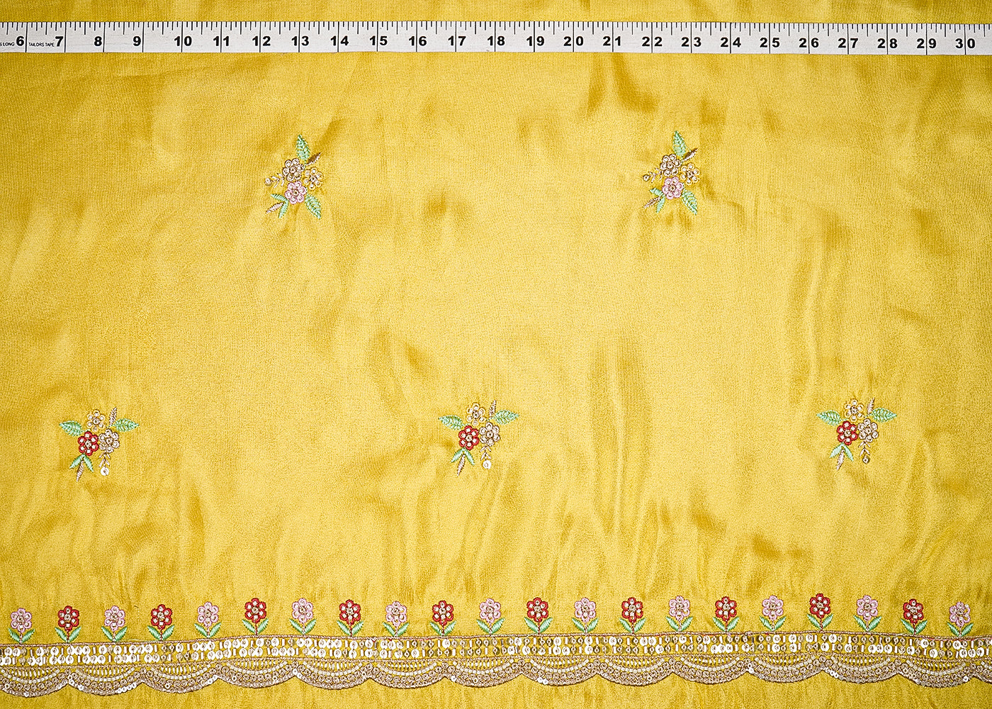Yellow Tissue Dupatta Fabric With All Over Buti Of Bead, Sequins And Thread With Two Side Border 20456