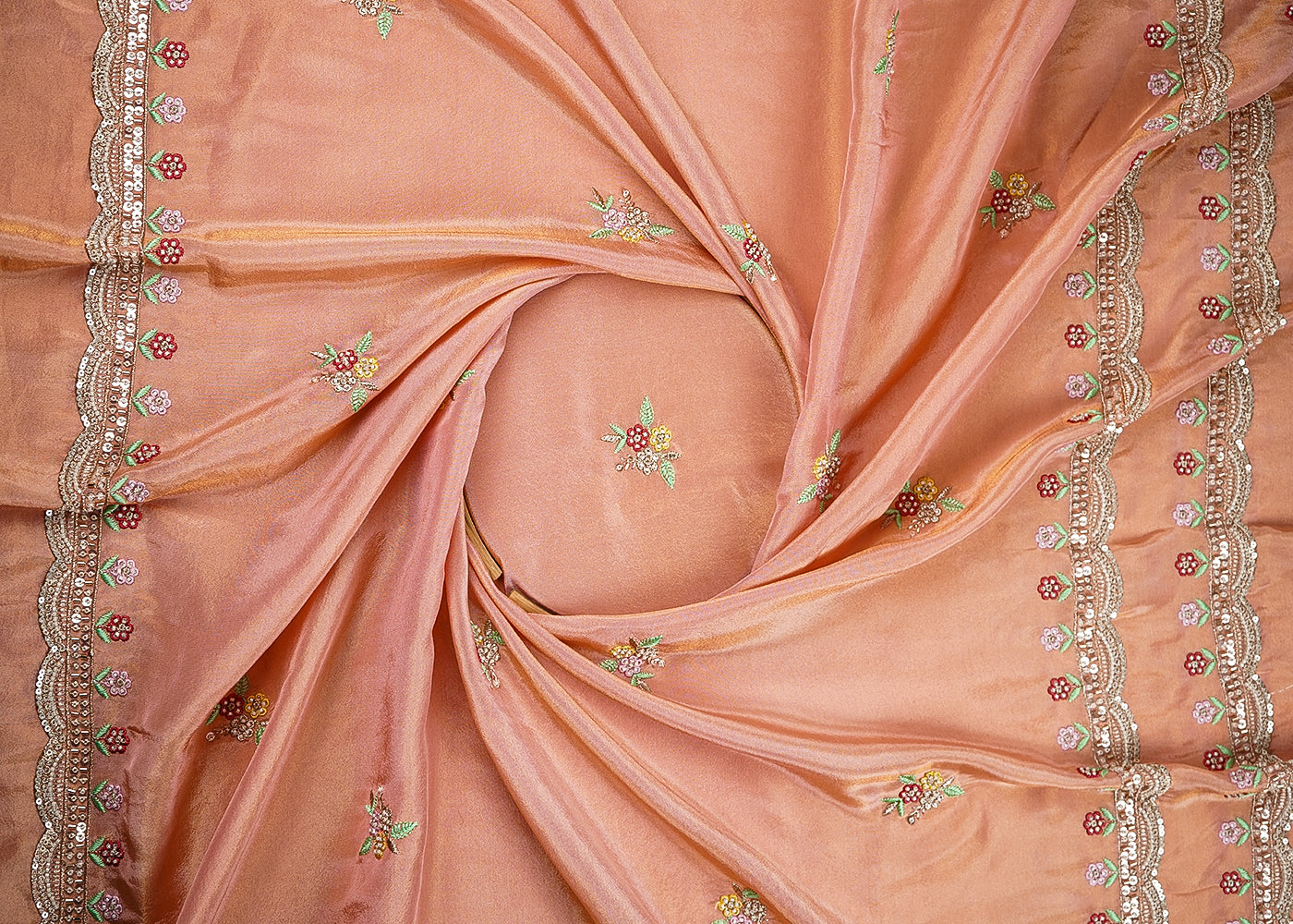 Peach Tissue Dupatta Fabric With All Over Buti Of Bead, Sequins And Thread With Two Side Border 20456