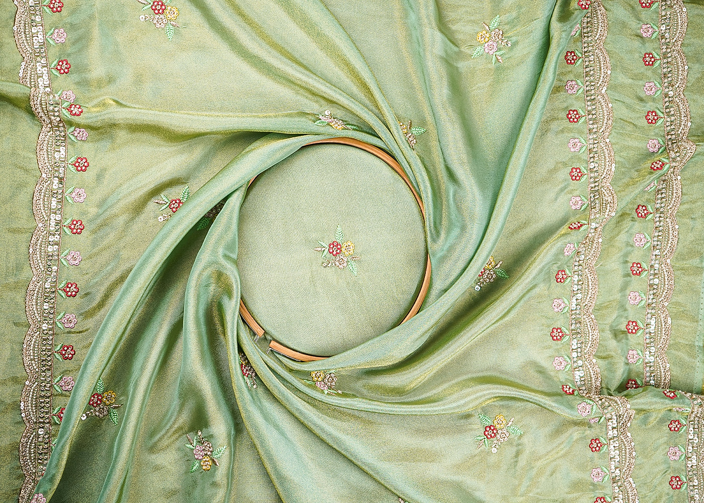 Pista Green Tissue Dupatta Fabric With All Over Buti Of Bead, Sequins And Thread With Two Side Border 20458