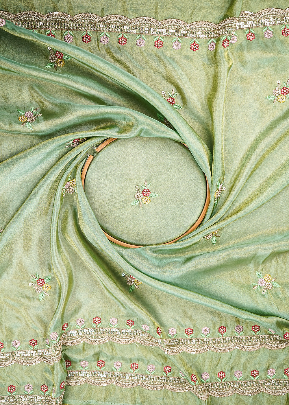 Pista-Green-Tissue-Dupatta-Fabric-With-All-Over-Buti-Of-Bead,-Sequins-And-Thread-With-Two-Side-Border-20458-close-view