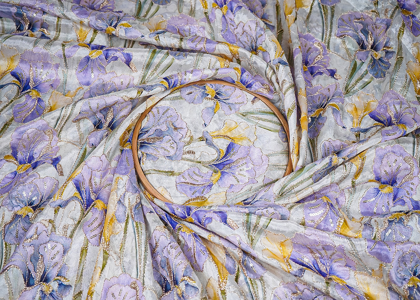 Purple Chinon Chiffon Fabric With All Over Floral Print With Zari And Sequins Work 20459