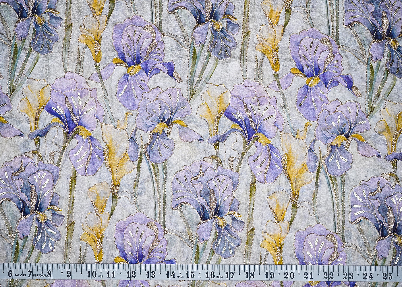 Purple Chinon Chiffon Fabric With All Over Floral Print With Zari And Sequins Work 20459