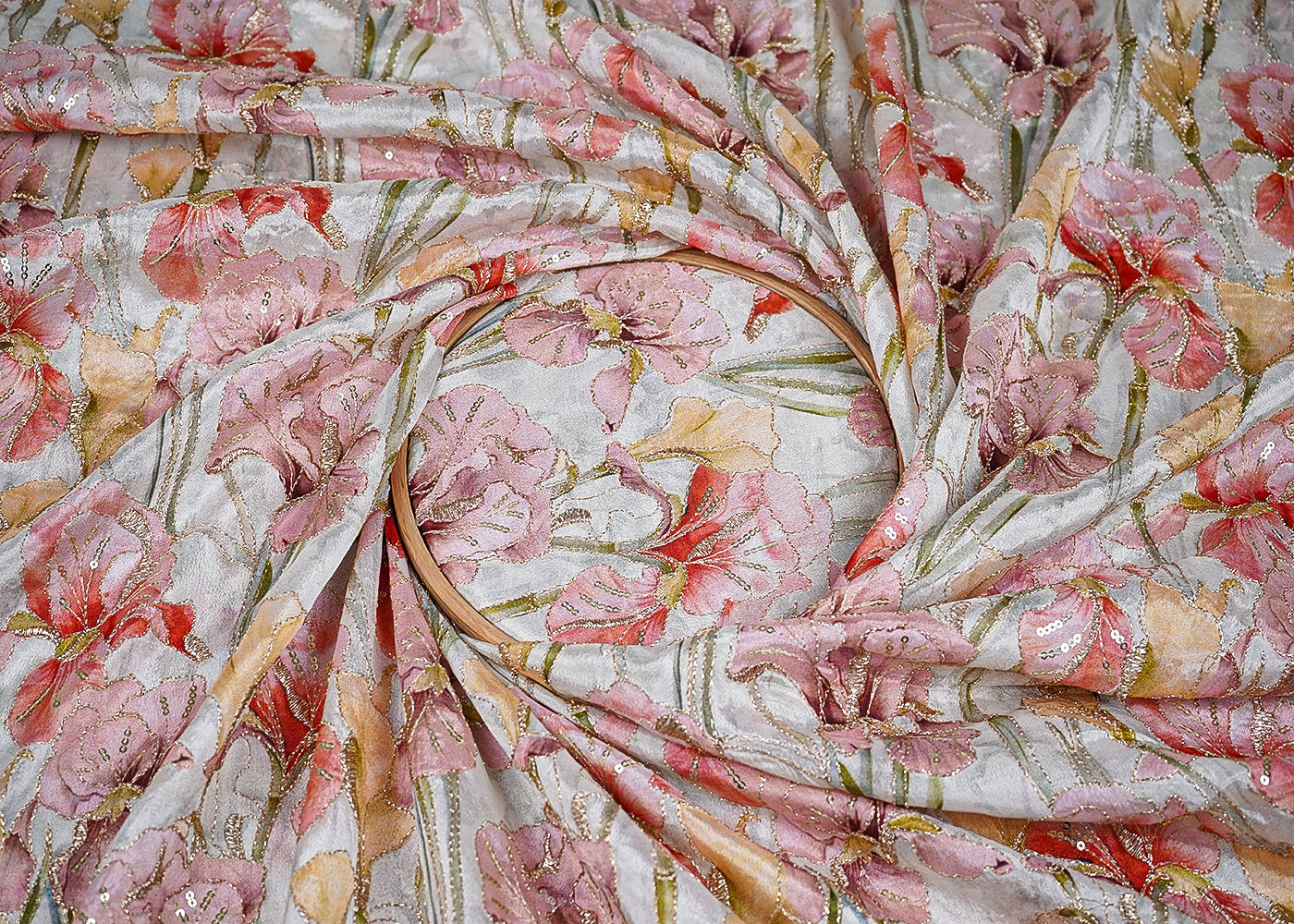 Pink Chinon Chiffon Fabric With All Over Floral Print With Zari And Sequins Work 20460