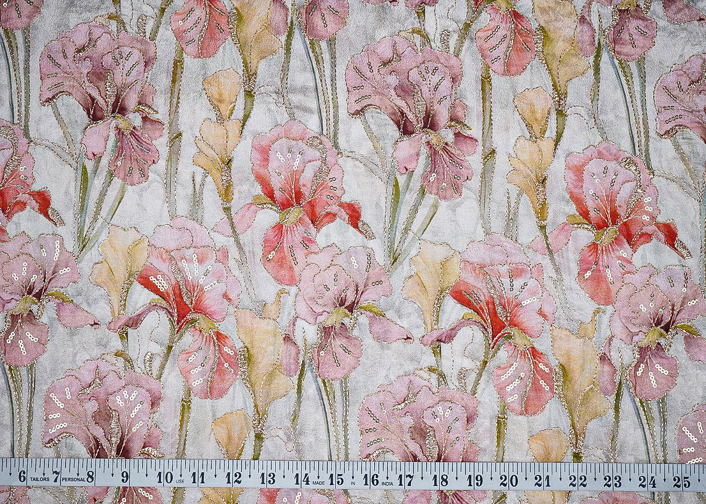 Pink Chinon Chiffon Fabric With All Over Floral Print With Zari And Sequins Work 20460