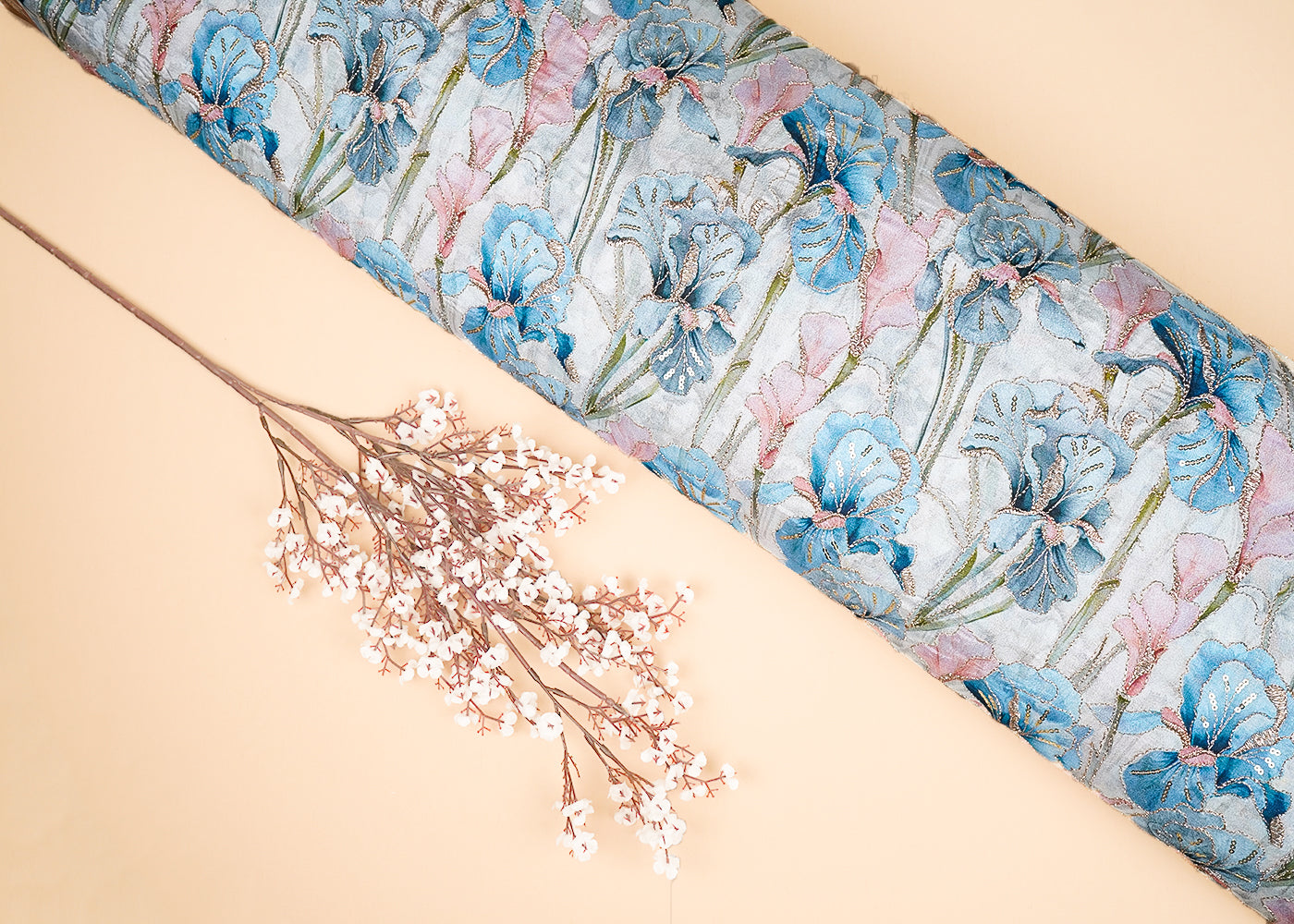 Sky Blue Chinon Chiffon Fabric With All Over Floral Print With Zari And Sequins Work 20461