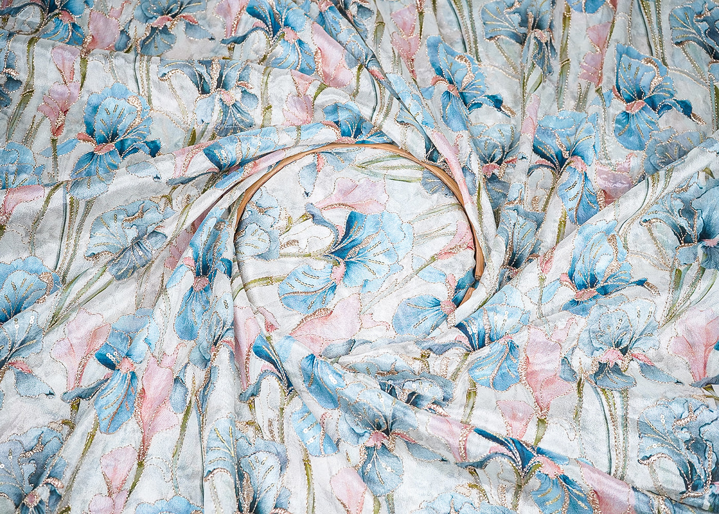 Sky Blue Chinon Chiffon Fabric With All Over Floral Print With Zari And Sequins Work 20461