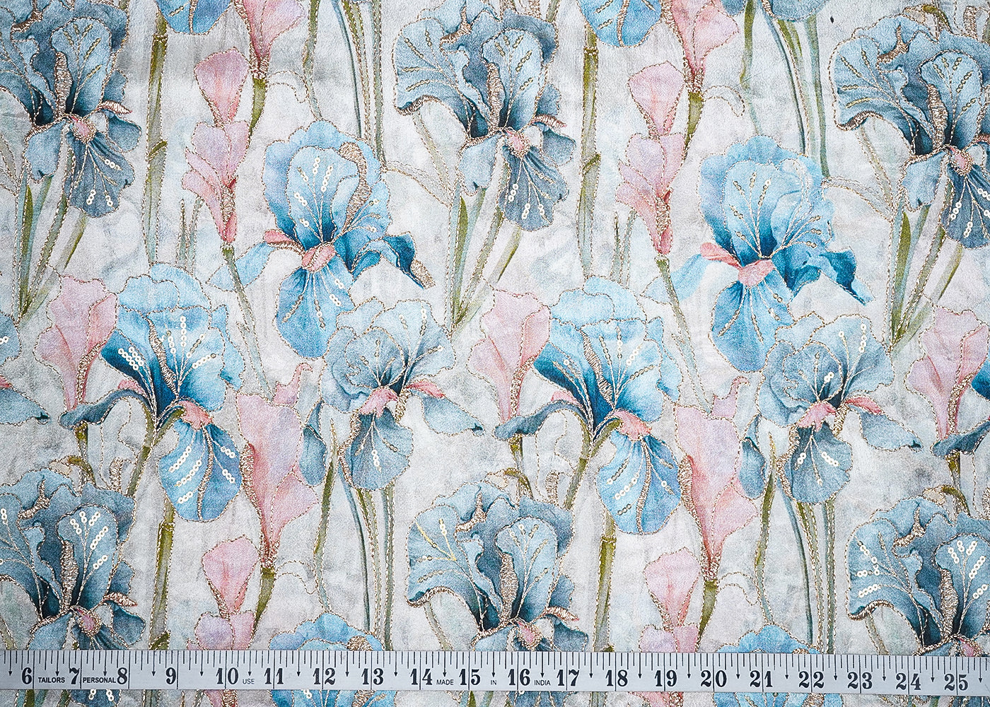 Sky Blue Chinon Chiffon Fabric With All Over Floral Print With Zari And Sequins Work 20461