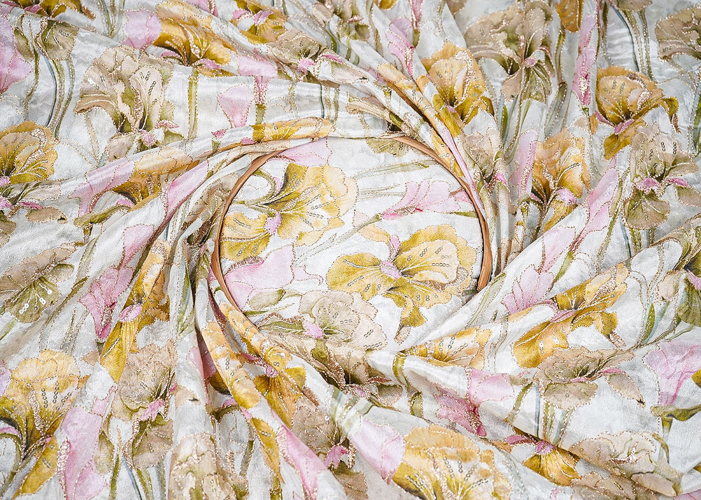 Mehendi Green Chinon Chiffon Fabric With All Over Floral Print With Zari And Sequins Work 20462