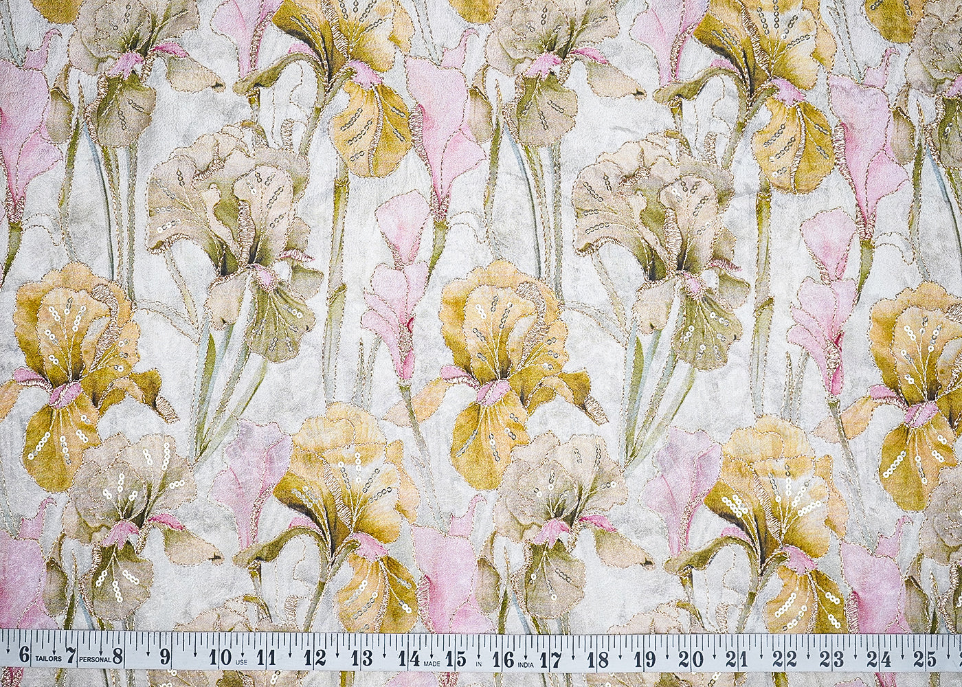 Mehendi Green Chinon Chiffon Fabric With All Over Floral Print With Zari And Sequins Work 20462