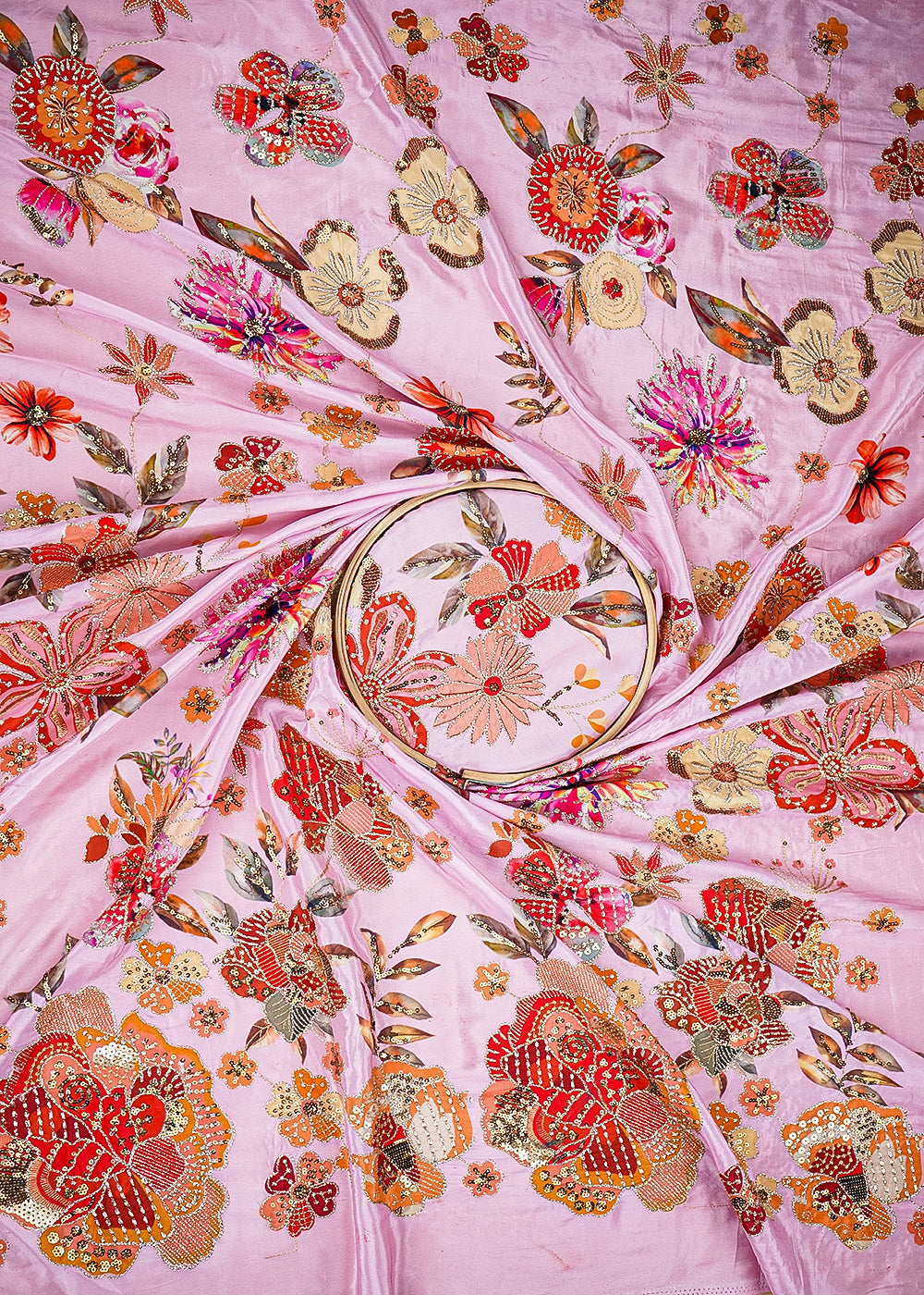 Light Pink Crepe Fabric With All Over Floral Print And Zari, Sequins Work 20463