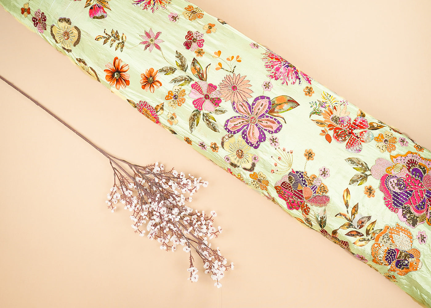 Pista Green Crepe Fabric With All Over Floral Print And Zari, Sequins Work 20464