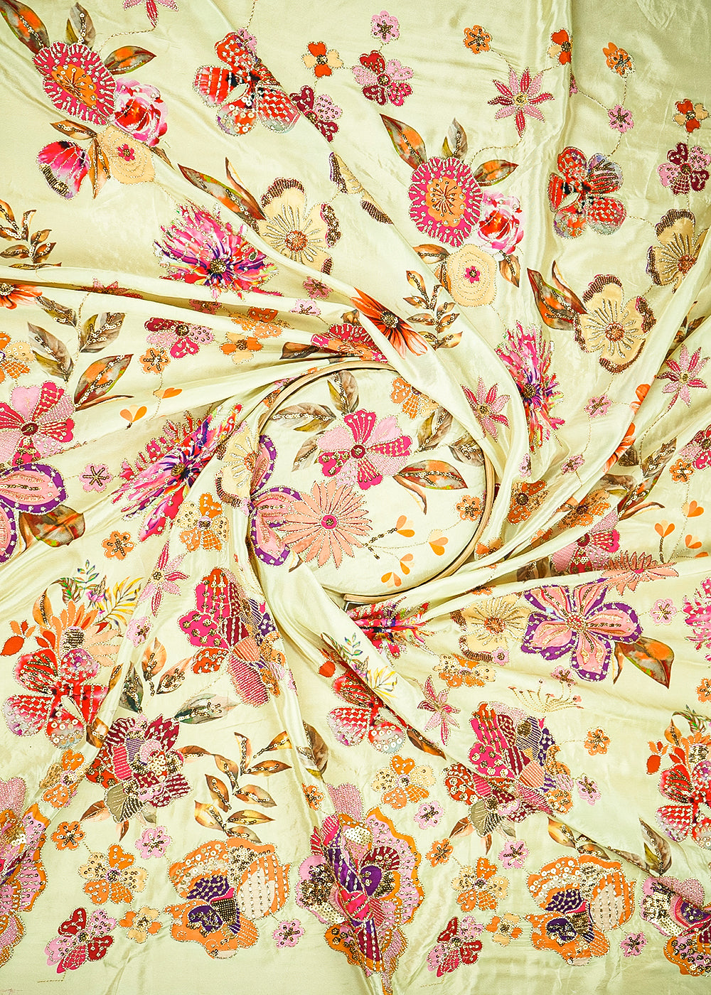 Pista Green Crepe Fabric With All Over Floral Print And Zari, Sequins Work 20464