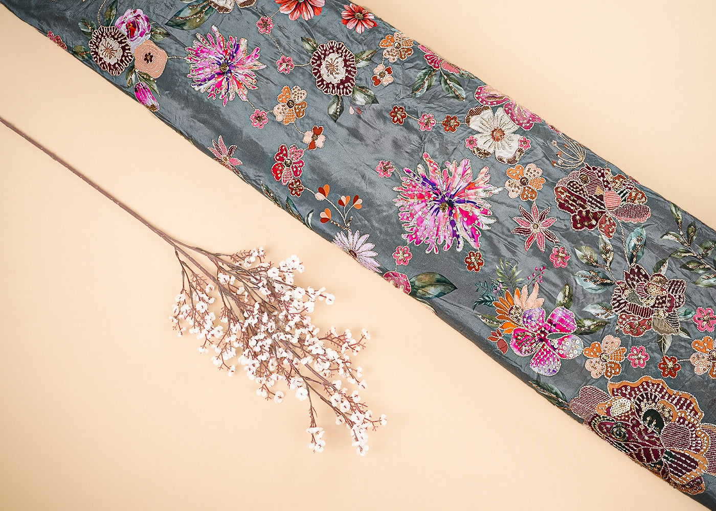 Grey Crepe Fabric With All Over Floral Print And Zari, Sequins Work 20465