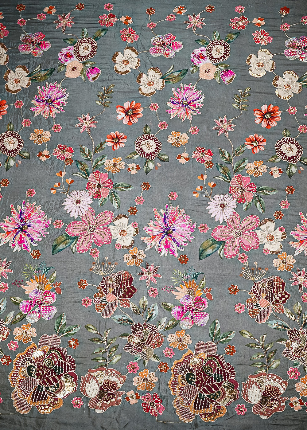 Grey-Crepe-Fabric-With-All-Over-Floral-Print-And-Zari,-Sequins-Work-20465-work-view