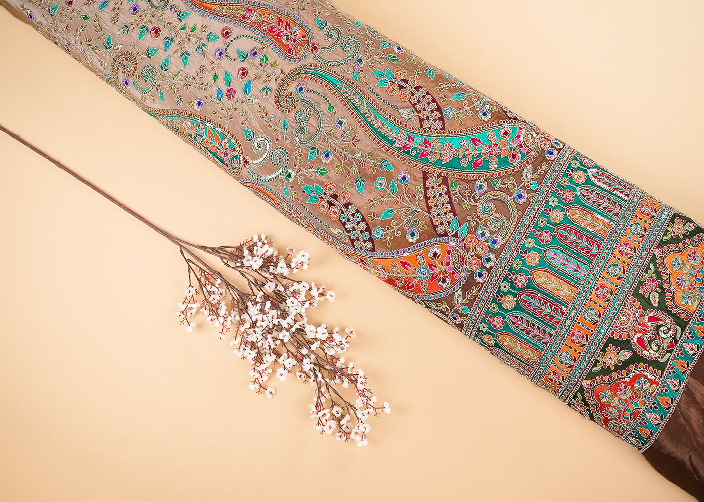 Brown Crepe Fabric With All Over Zari And Sequins Work With One Side Border 20466