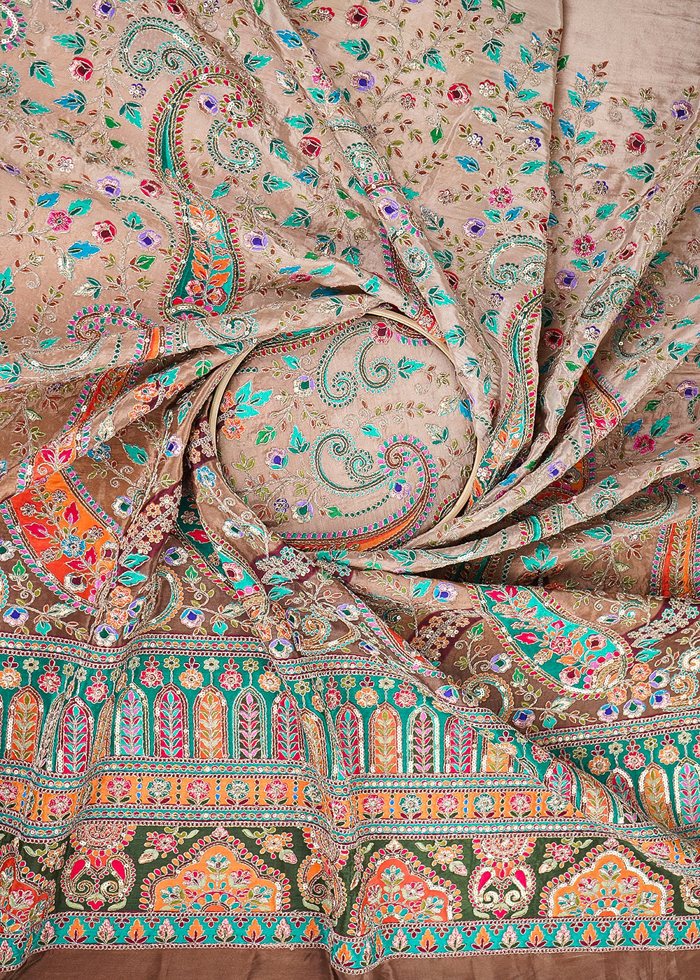 Brown Crepe Fabric With All Over Zari And Sequins Work With One Side Border 20466