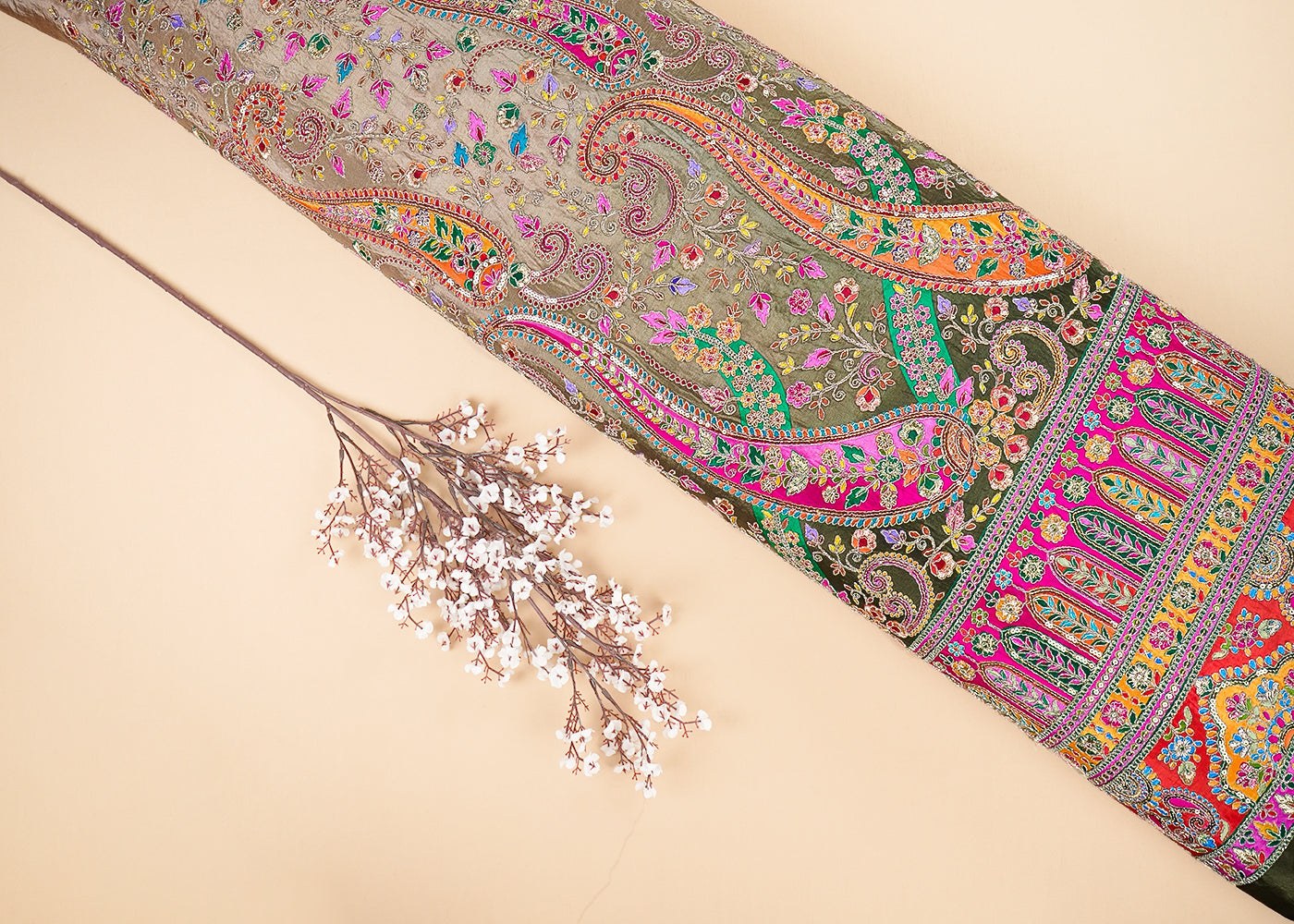 Mehendi Green Crepe Fabric With All Over Zari And Sequins Work With One Side Border 20468