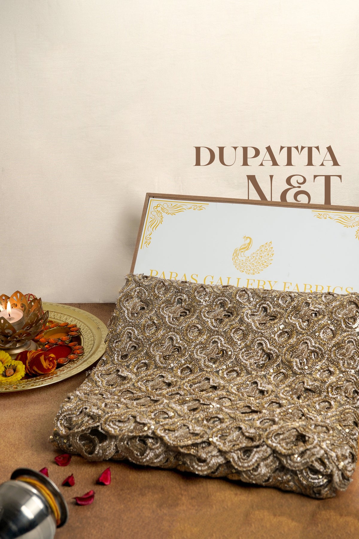 Golden Net Dupatta With All Over Sequins, Zari And Lucknowi Work 20473