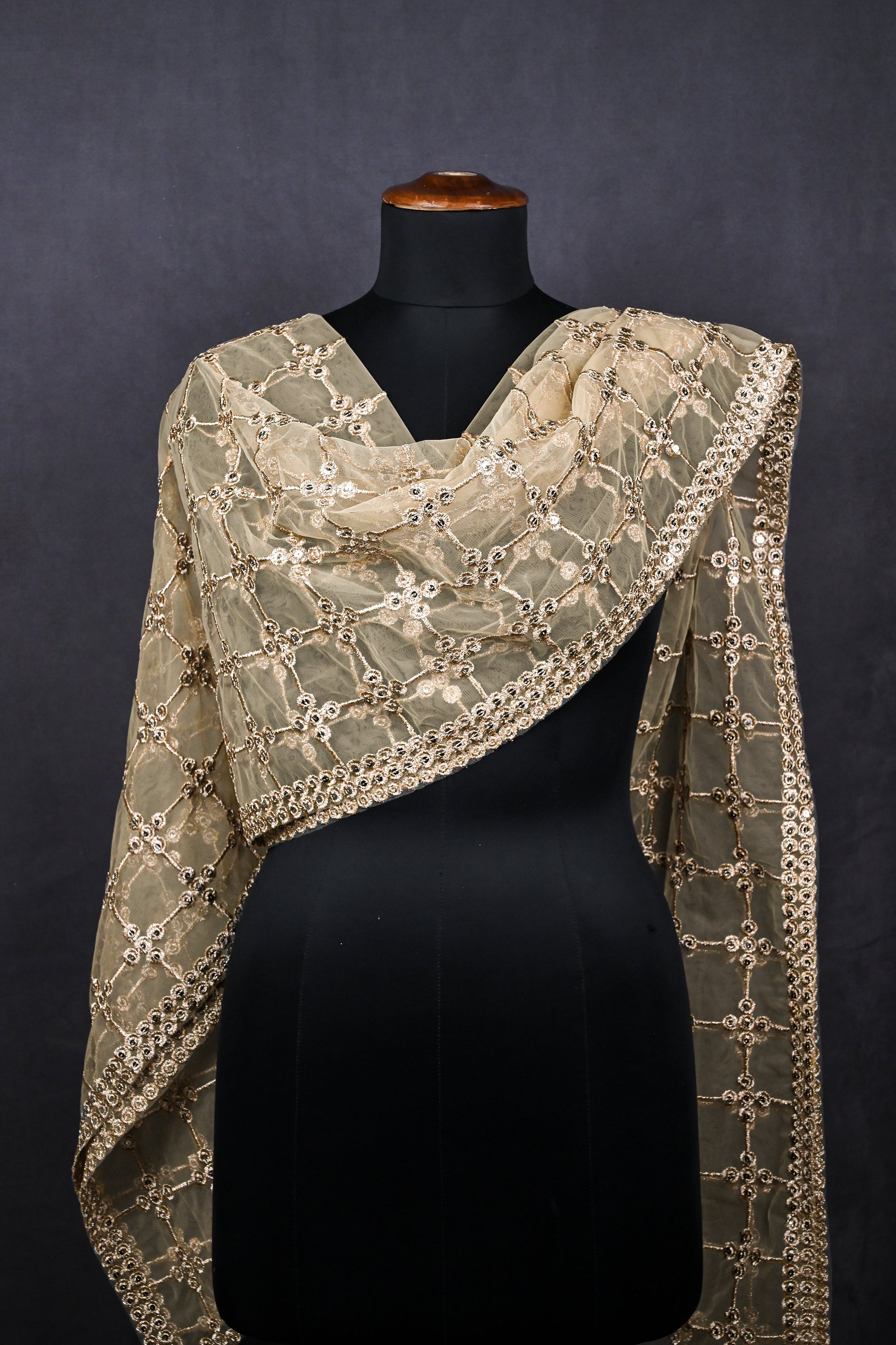 White Net Dupatta With All Over Sequins And Zari Work 20474