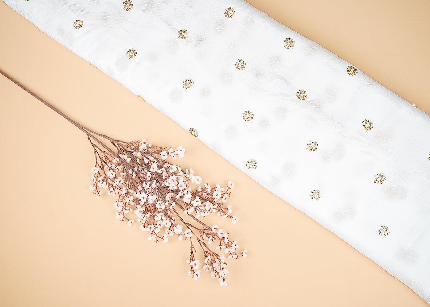 White Chinon Chiffon Fabric With All Over Buti Of Katdana, Sequins And Bead 20476