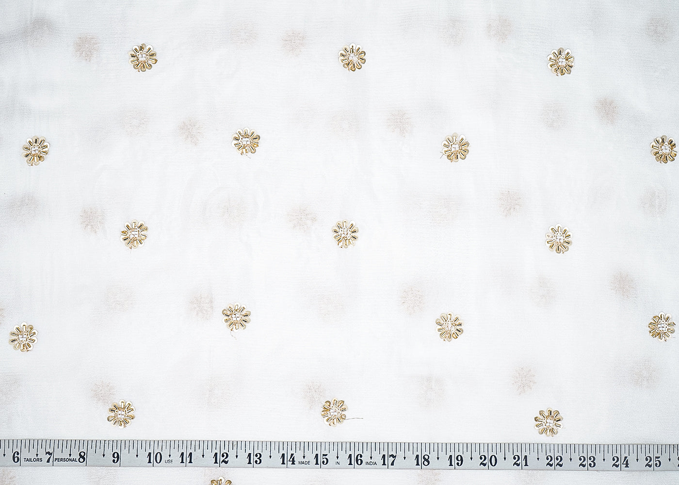 White Chinon Chiffon Fabric With All Over Buti Of Katdana, Sequins And Bead 20476