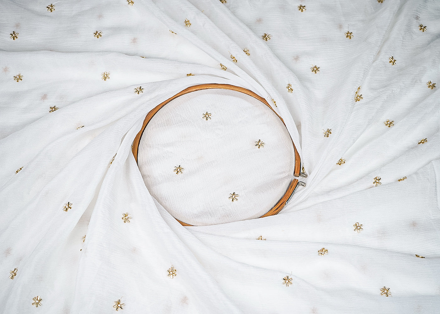 White Chinon Chiffon Fabric With All Over Buti Of Katdana And Bead 20477