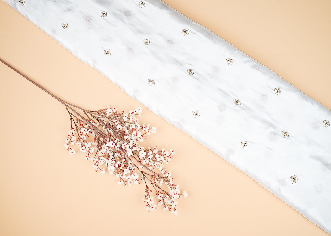 White Crepe Fabric With All Over Buti Of Katdana, Zari And Bead 20478