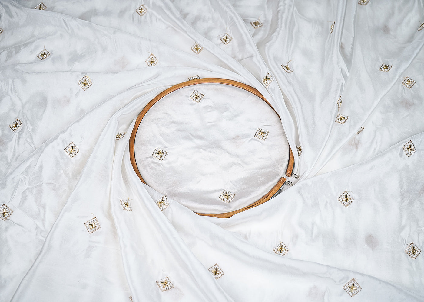 White Crepe Fabric With All Over Buti Of Katdana, Zari And Bead 20478