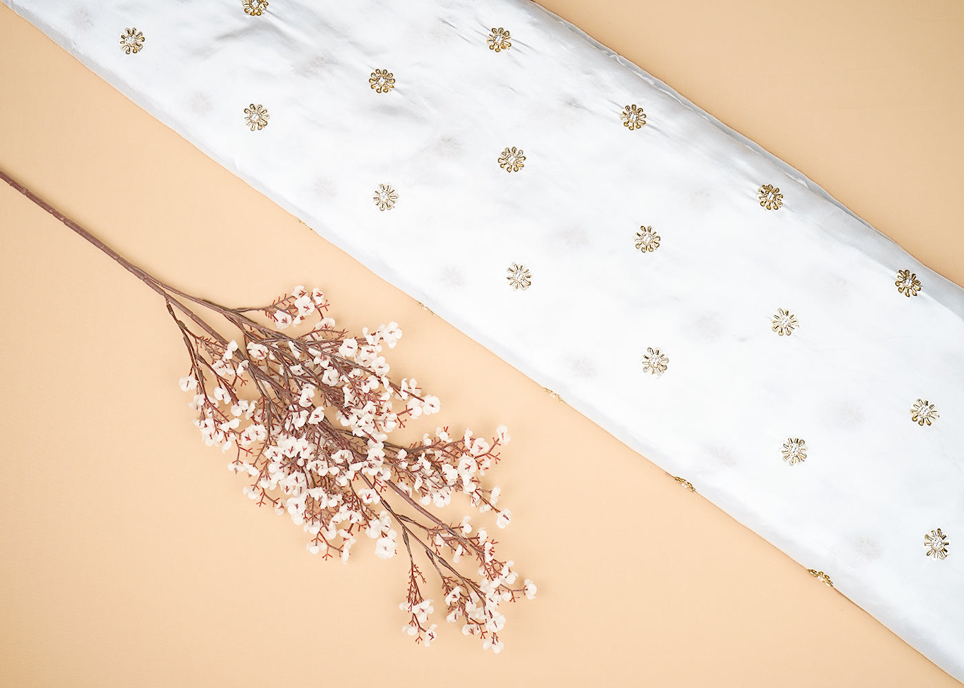 White Crepe Fabric With All Over Buti Of Katdana, Sequins And Bead 20479