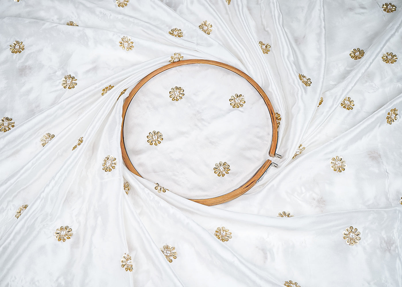 White Crepe Fabric With All Over Buti Of Katdana, Sequins And Bead 20479