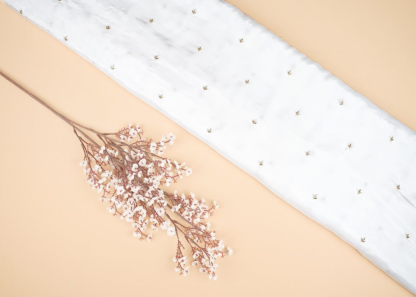 White Crepe Fabric With All Over Buti Of Katdana And Bead 20480