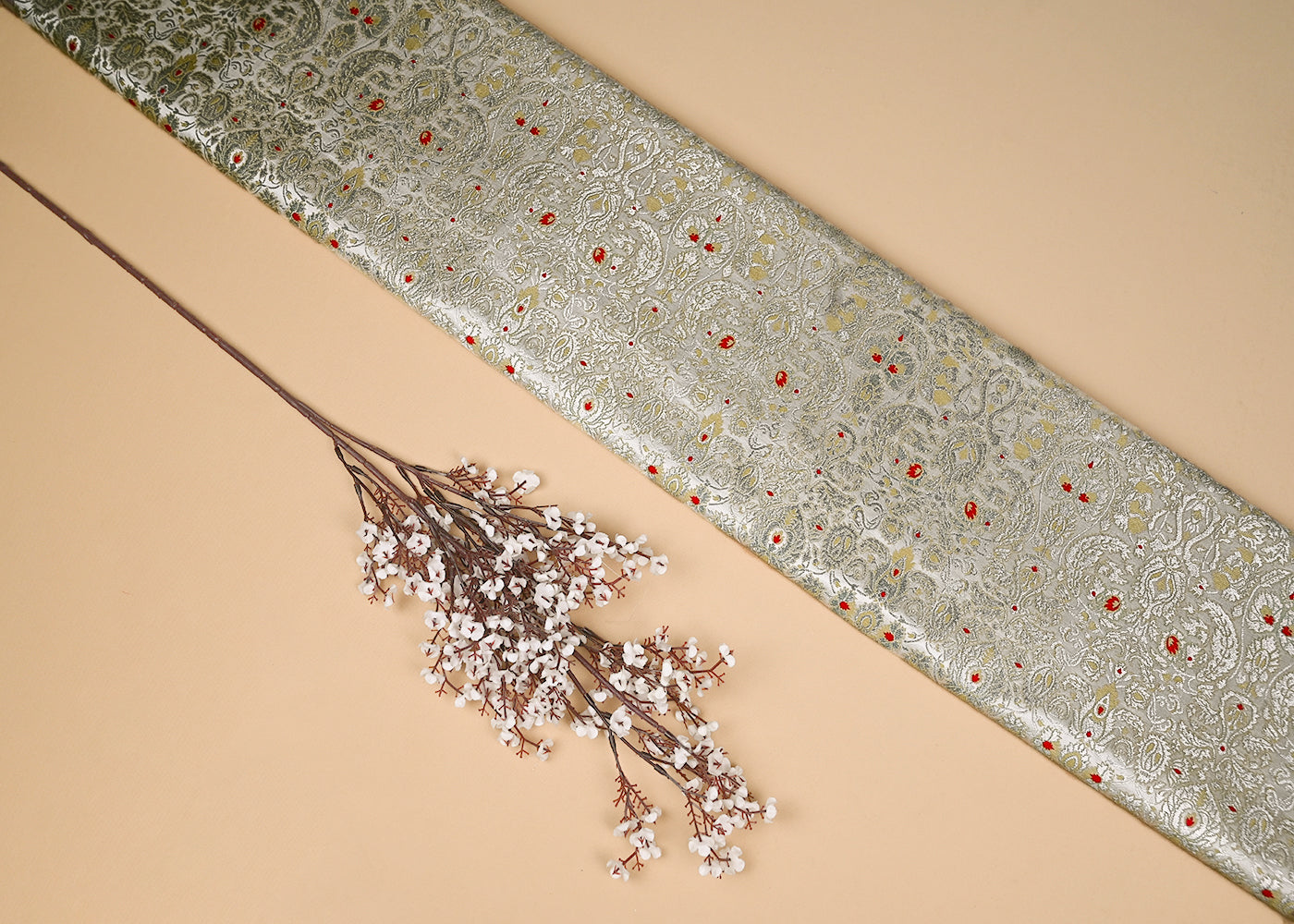 Cream Banarasi Brocade Fabric With All Over Zari And Thread Handloom 20503