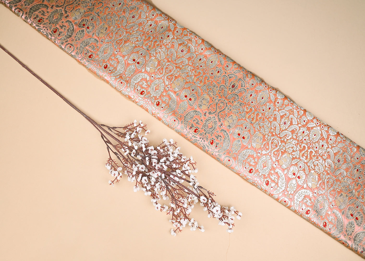 Peach Banarasi Brocade Fabric With All Over Zari And Thread Handloom 20504