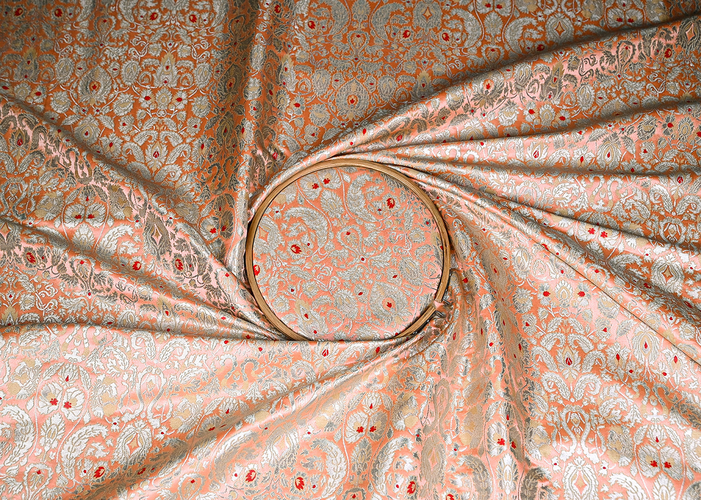 Peach Banarasi Brocade Fabric With All Over Zari And Thread Handloom 20504